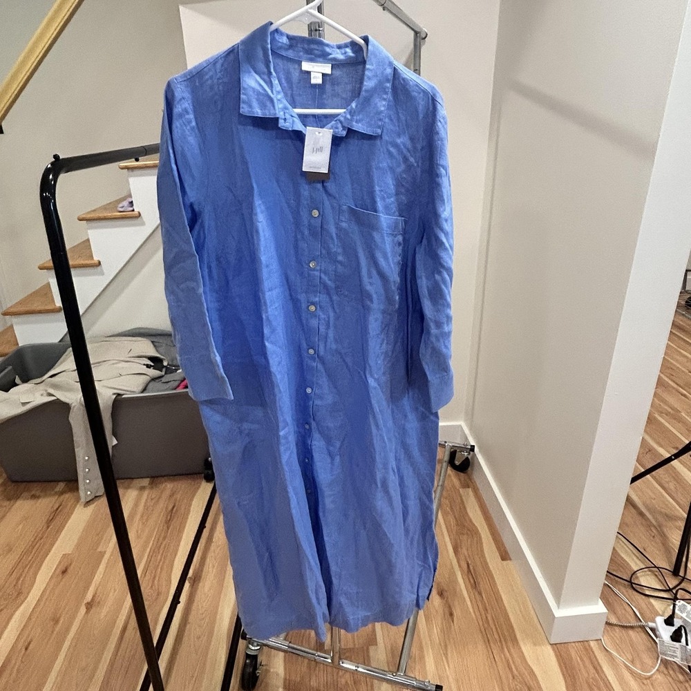 J. Jill Love Linen Shirt Dress Womens Large Blue Linen Button Front 3/4 Sleeve
